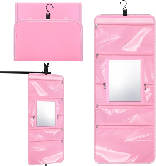 Hanging Toiletry Bag with Mirror Travel Foldable Beauty Bag Dance Bag with Mirror Backstage Cosmetic Bag Foldable Makeup Storage Organizer for Traveling Dancers Artists Home Spa (Pink)