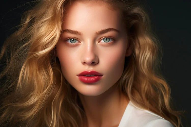 Woman with blonde hair and red lipstick against a dark background